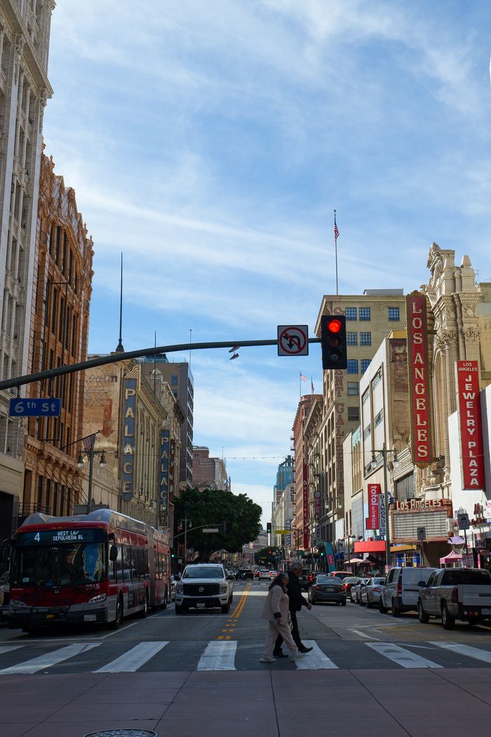 Vibrant street view in Los Angeles featuring traffic and pedestrians on a sunny day.
